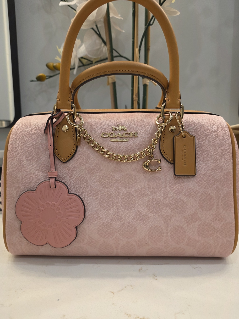 Coach Pink Signature Rowan Satchel with Tan Trim